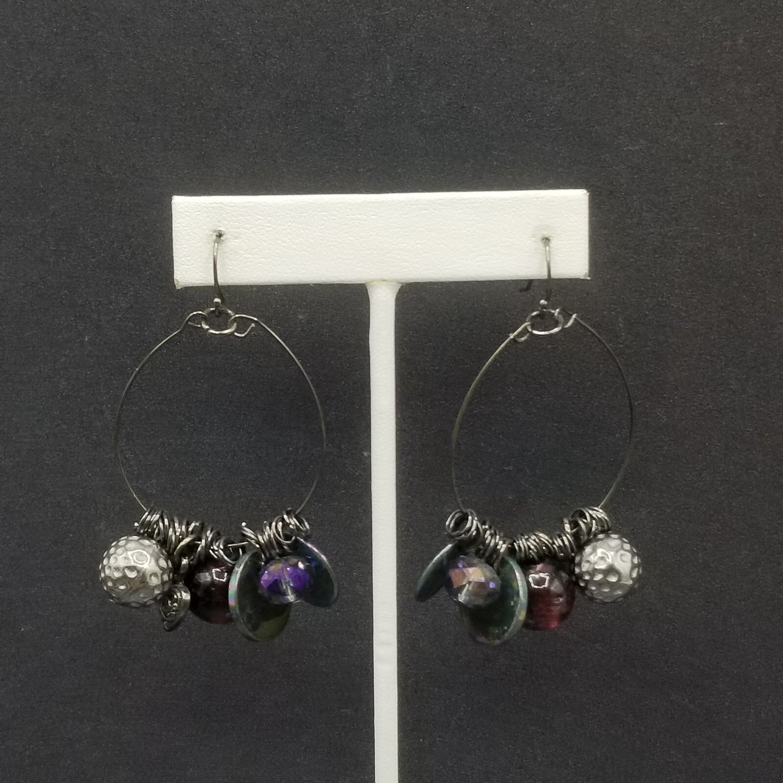 Pierced Earrings Black Wire Loop Acrylic Metal Charm Dangle 2 1/4"