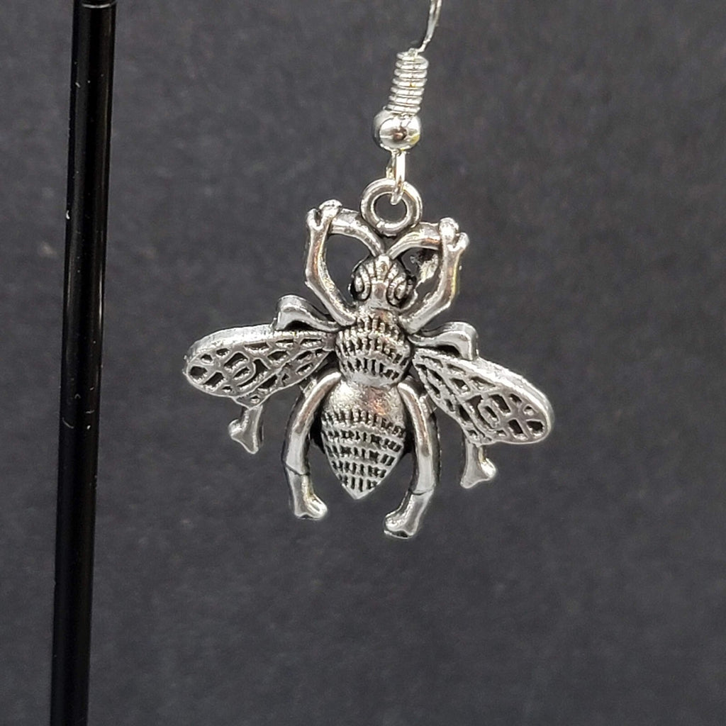 Bee Flying Insect Pierced Earrings Silver tone Dangle 1"