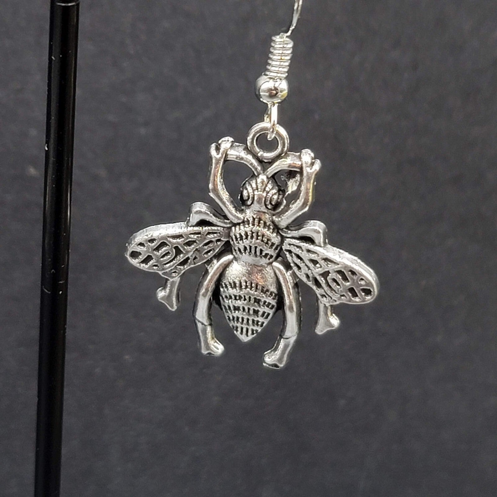 Bee Flying Insect Pierced Earrings Silver tone Dangle 1"
