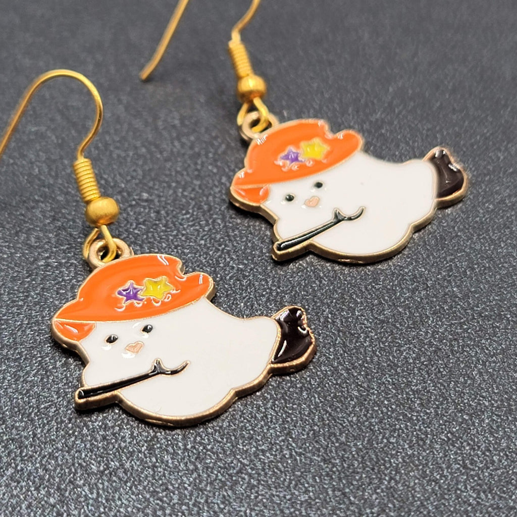 Halloween Witch Ghost Pierced Earrings Gold tone Enamel Dangle New 7/8"