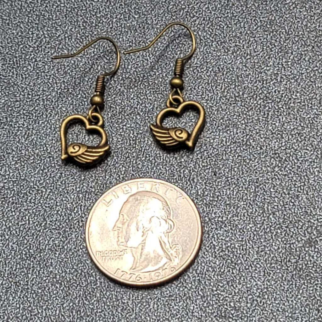 Pierced Earrings Bronze tone Open Winged Heart Dainty Dangle 1/2"