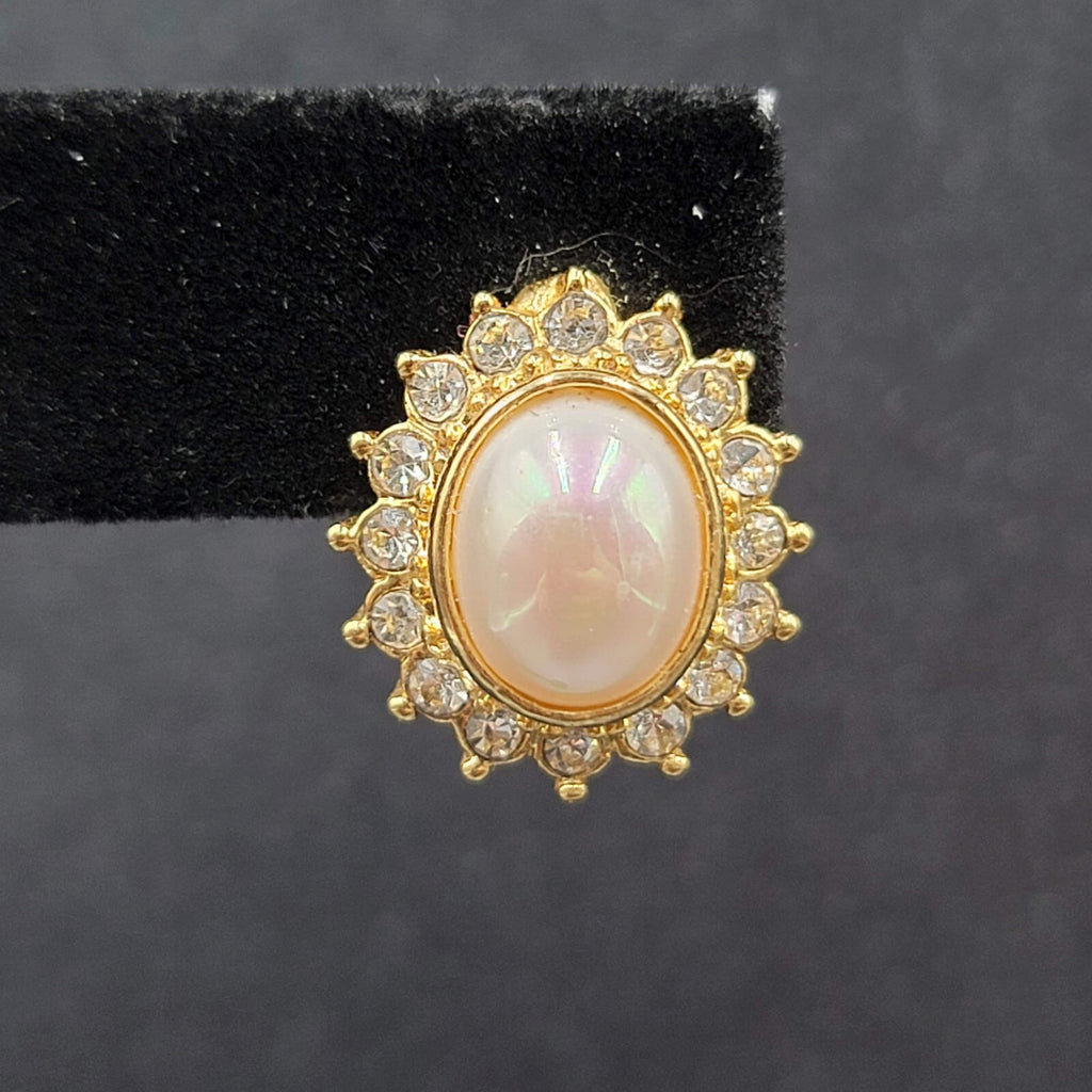 Pierced Earrings Gold Plated Crystal Oval Iridescent Cabochon Studs 5/8"