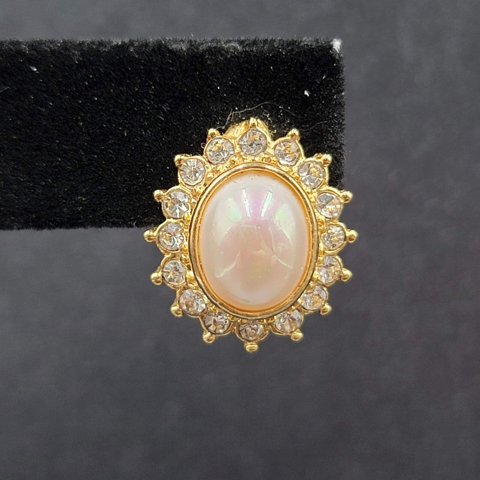 Pierced Earrings Gold Plated Crystal Oval Iridescent Cabochon Studs 5/8"