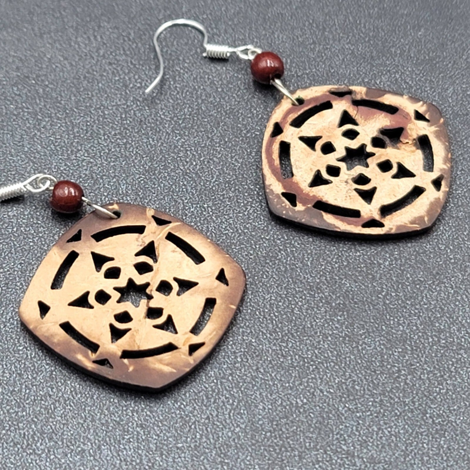 Pierced Earrings Silver tone Cut Coconut Bead Dangle 1.5"
