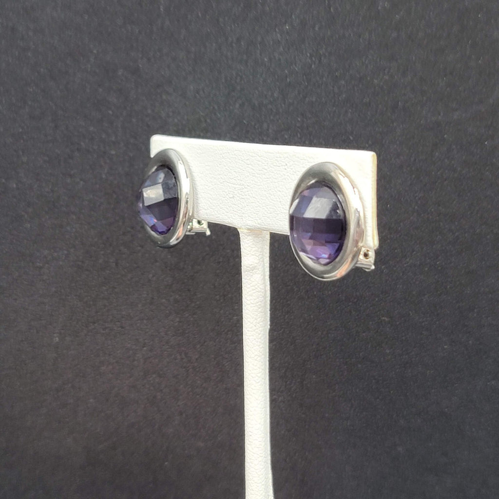 Clip on Earrings Silver tone Purple Faceted Round Stud 5/8"