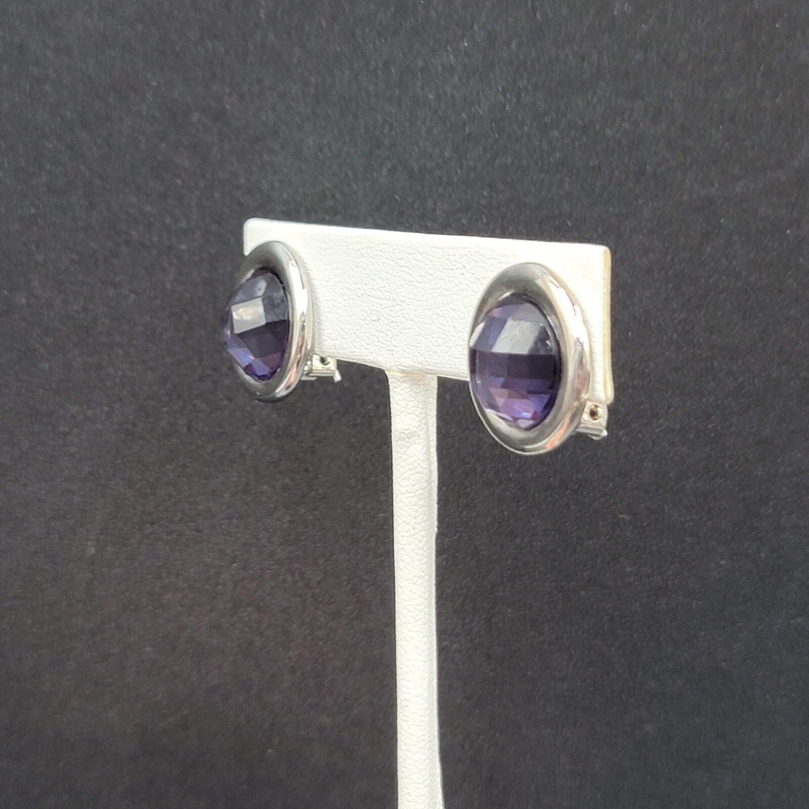 Clip on Earrings Silver tone Purple Faceted Round Stud 5/8"