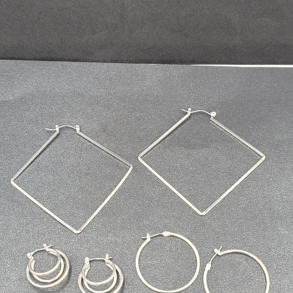 Lot of 6 Pierced Earrings Silver tone Hoops Dangle Square Oval Round