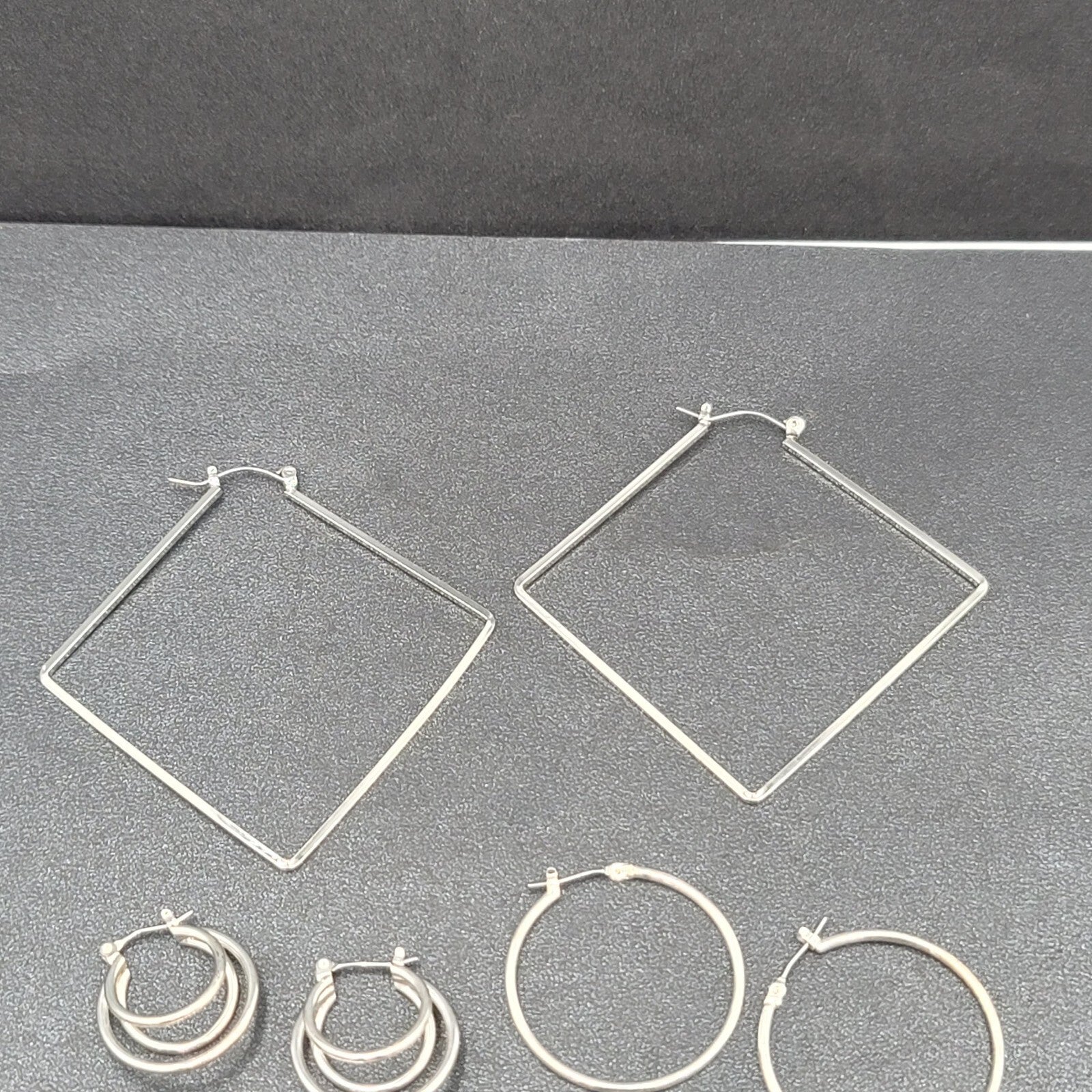 Lot of 6 Pierced Earrings Silver tone Hoops Dangle Square Oval Round