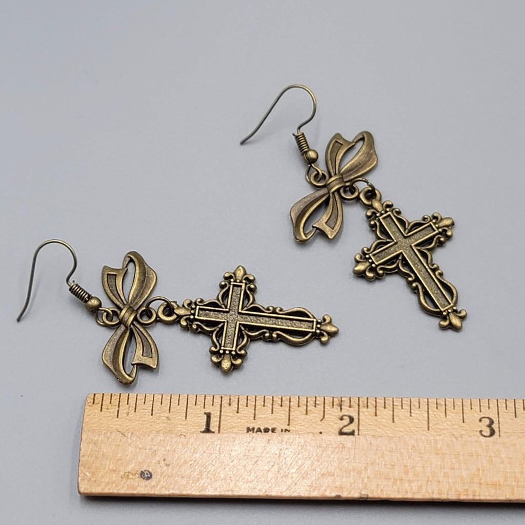 Cross Pierced Earrings Bronze tone Long Bow Dangle New 1.75"
