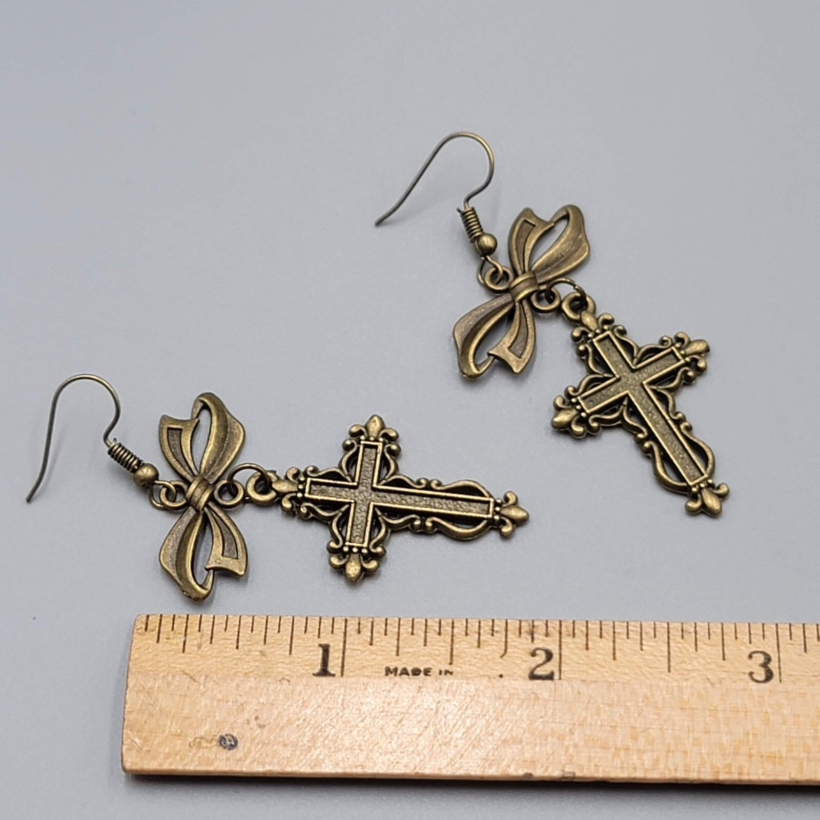 Cross Pierced Earrings Bronze tone Long Bow Dangle New 1.75"