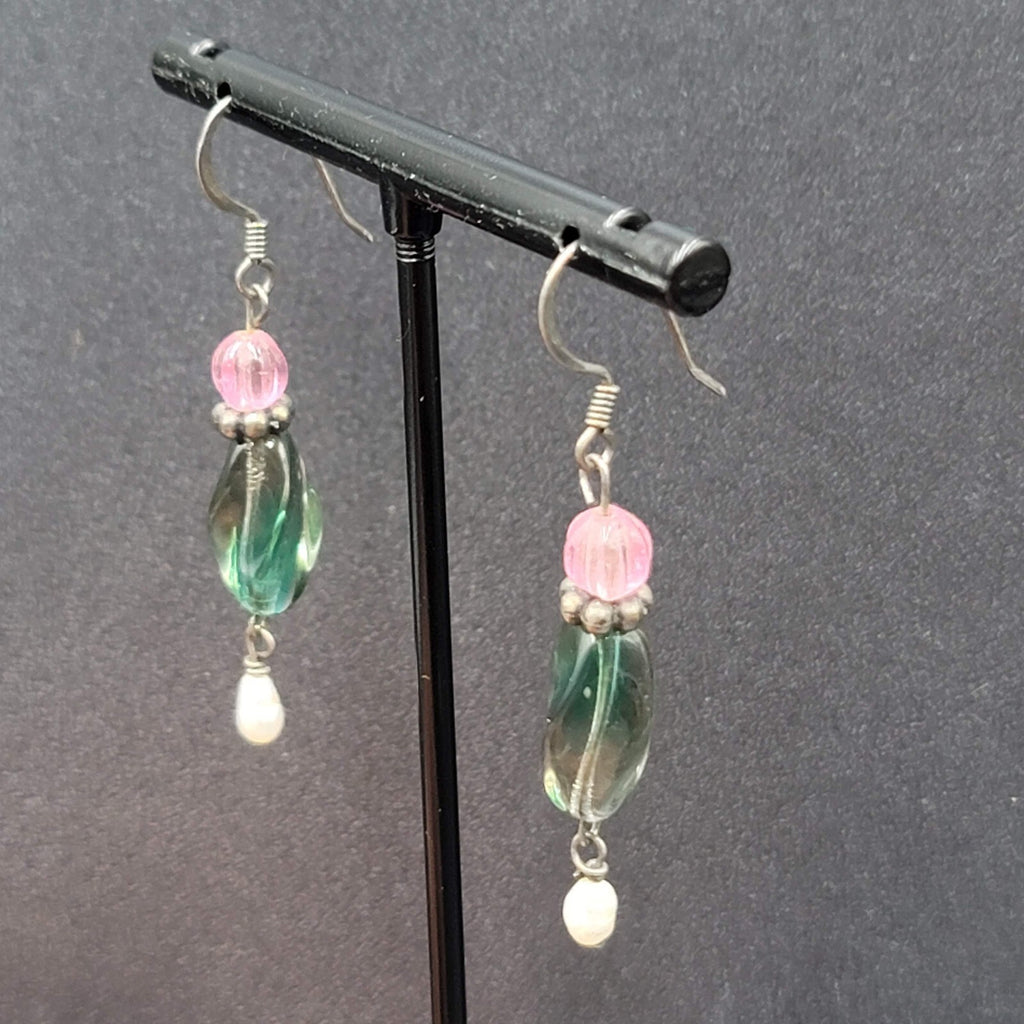Art Glass Pearl Pierced Earrings Sterling Silver Beaded Dangle 1.25"