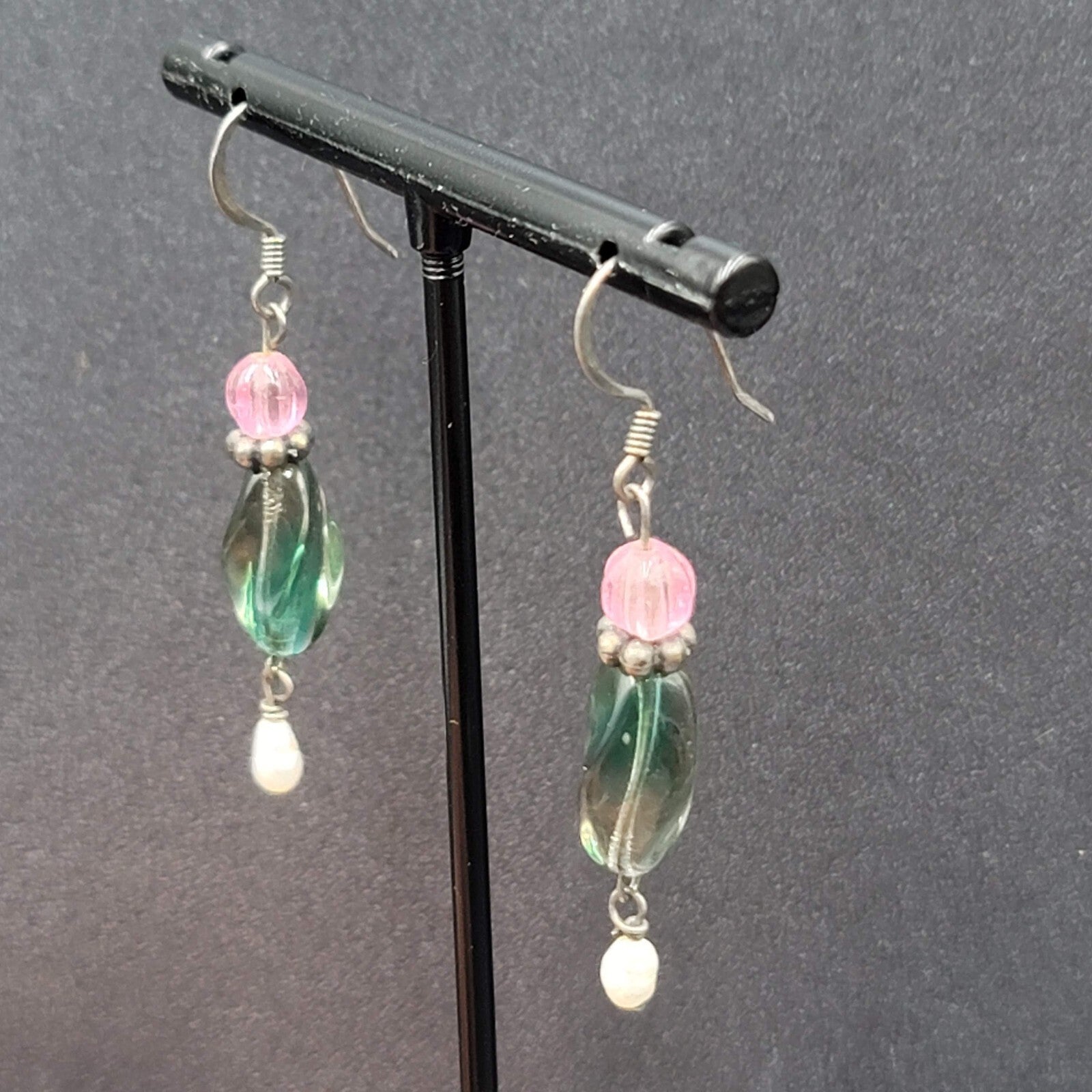 Art Glass Pearl Pierced Earrings Sterling Silver Beaded Dangle 1.25"