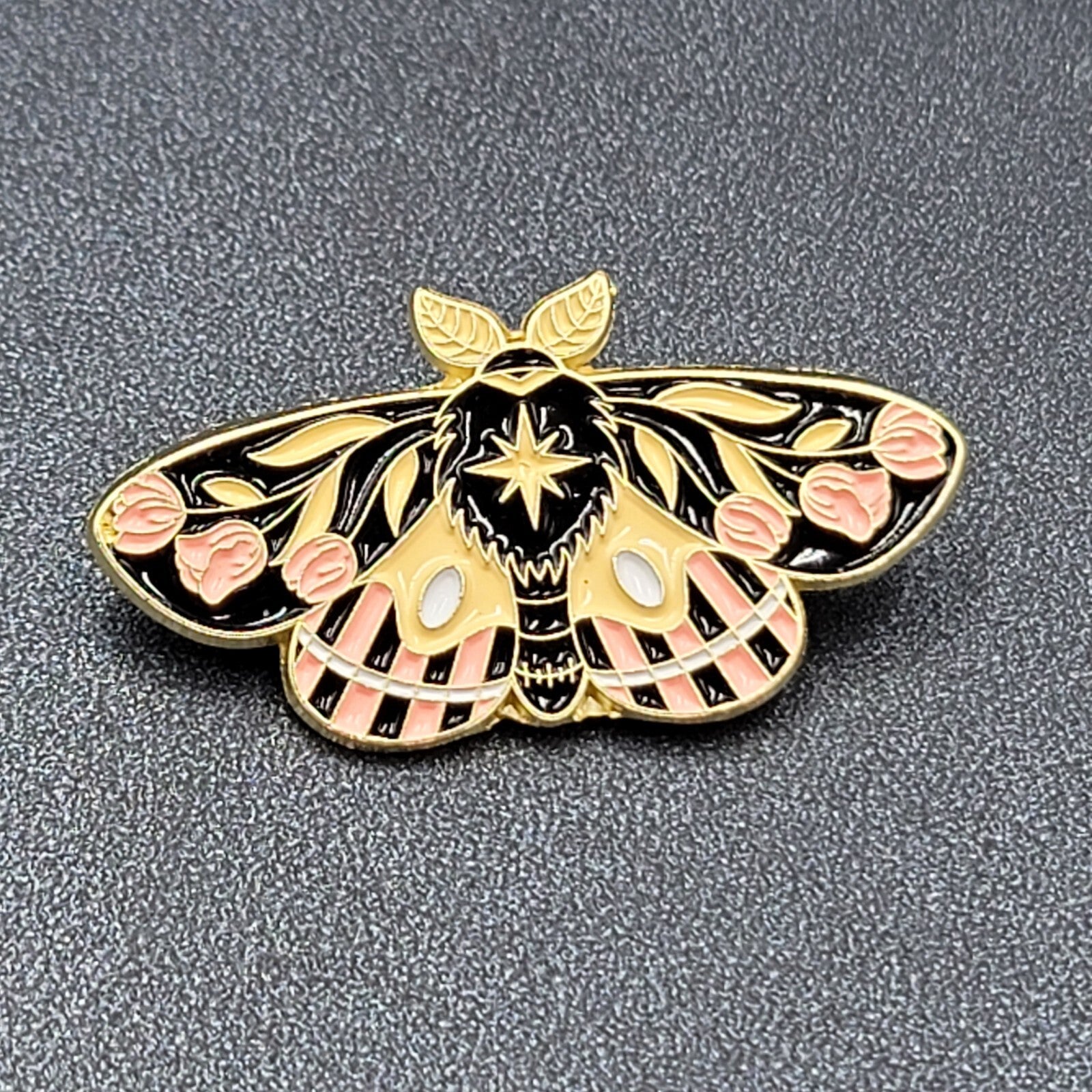 Moth Tulips Yellow Pink Black Enamel Lapel Hat Pin 1.75"