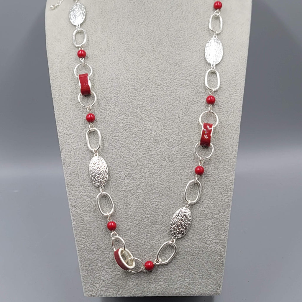 Necklace Extra Long Silver tone Red Bead Enamel Statement 42 in