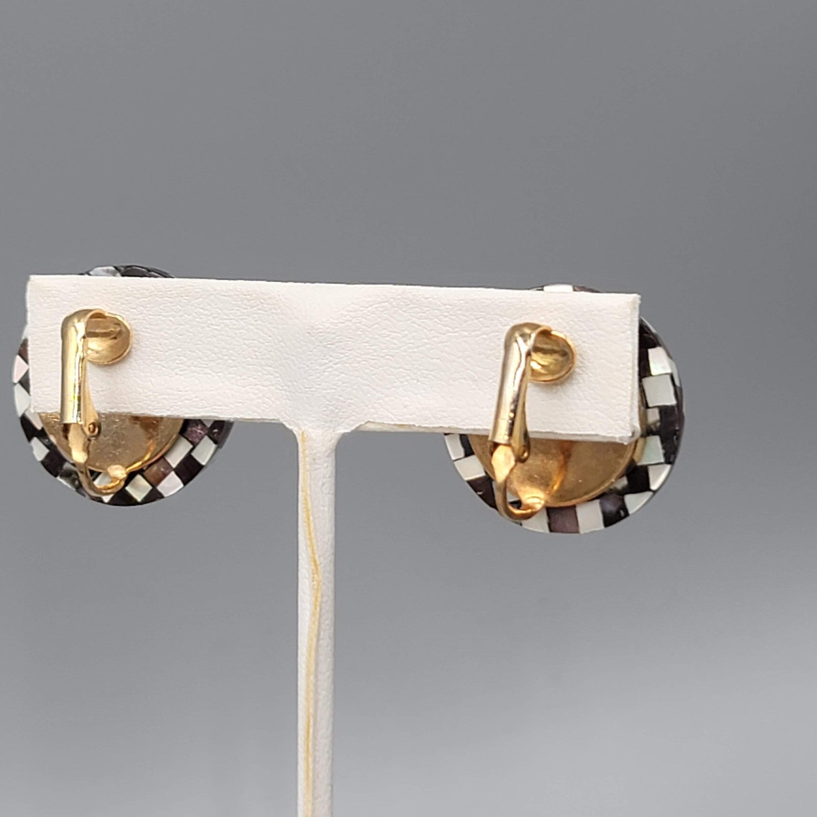 Vintage Mother of Pearl and Wood Inlay Clip on Earrings 1 in