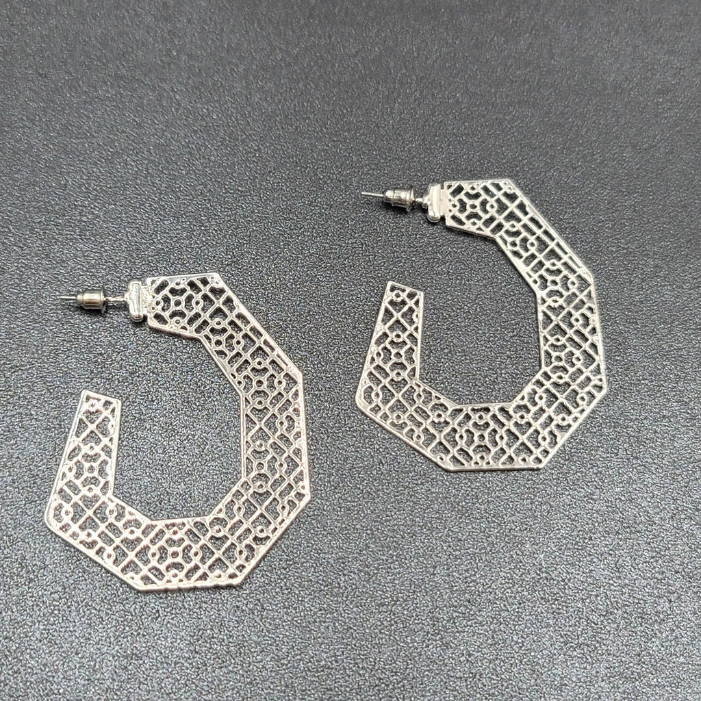 Pierced Earrings Silver tone Open Filigree Statement Hoops 2 1/8"