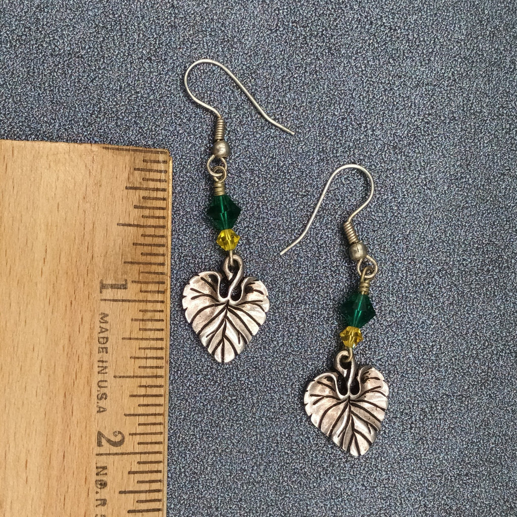 Pierced Earrings Silver tone Leaf Green Yellow Bead Dangle 1.25"