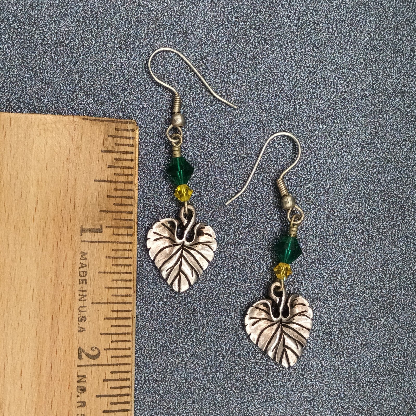 Pierced Earrings Silver tone Leaf Green Yellow Bead Dangle 1.25"