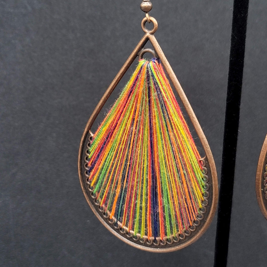 New Boho Pierced Earrings Copper tone Rainbow Threaded Dangle Teardrop 2.75"