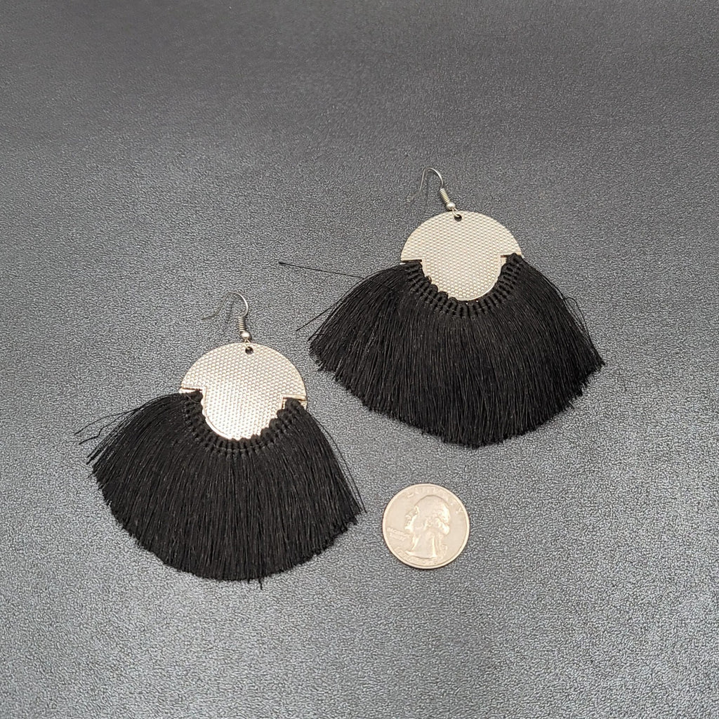 Pierced Earrings Silver tone Black Tassel Statement Dangle 2.5"