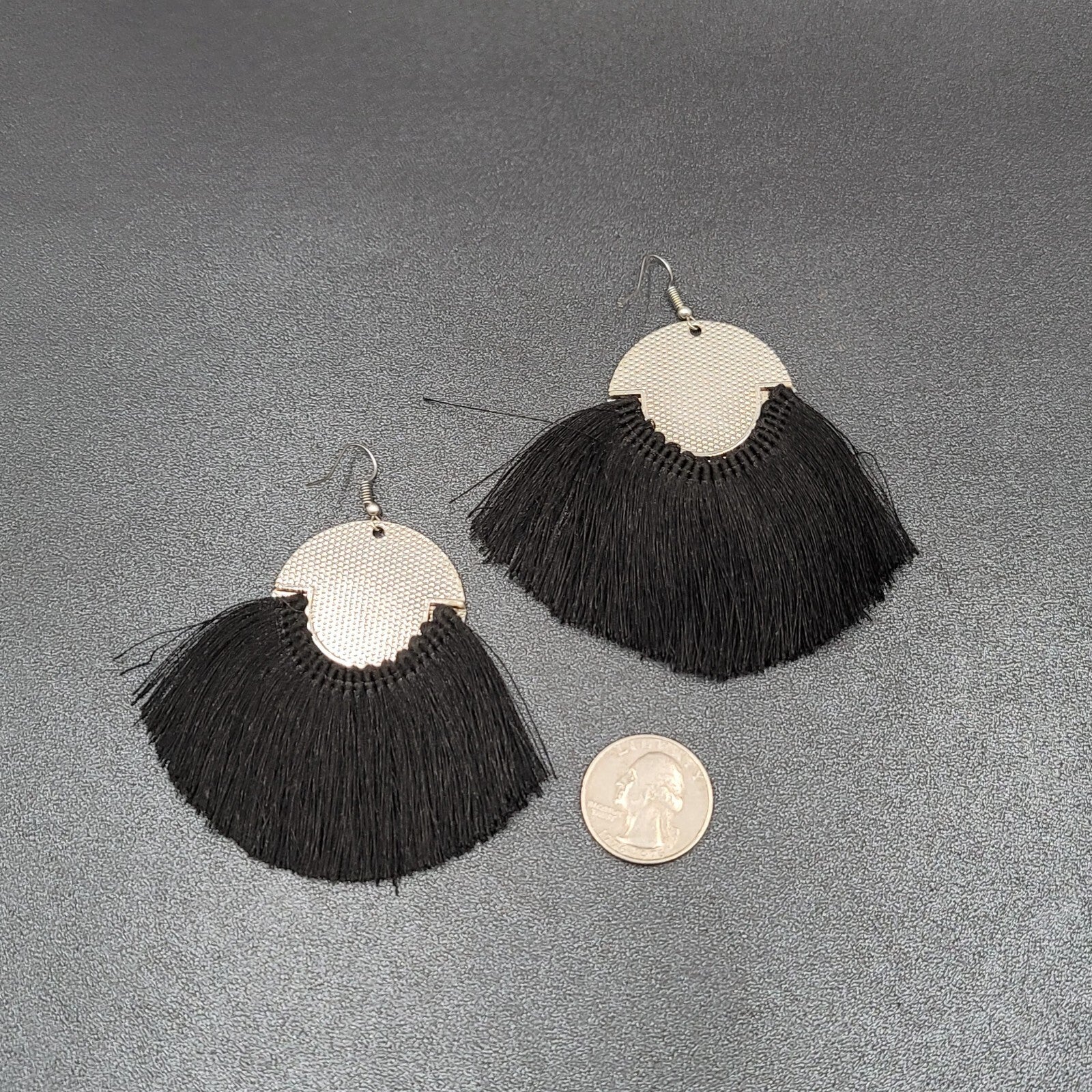 Pierced Earrings Silver tone Black Tassel Statement Dangle 2.5"
