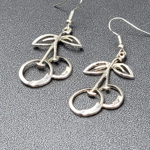 Cherry Pierced Earrings Cherries Silver tone Dangle 1 3/8"