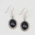 Pierced Earrings Silver tone Oval Black Cabochon Dangle 3/4"