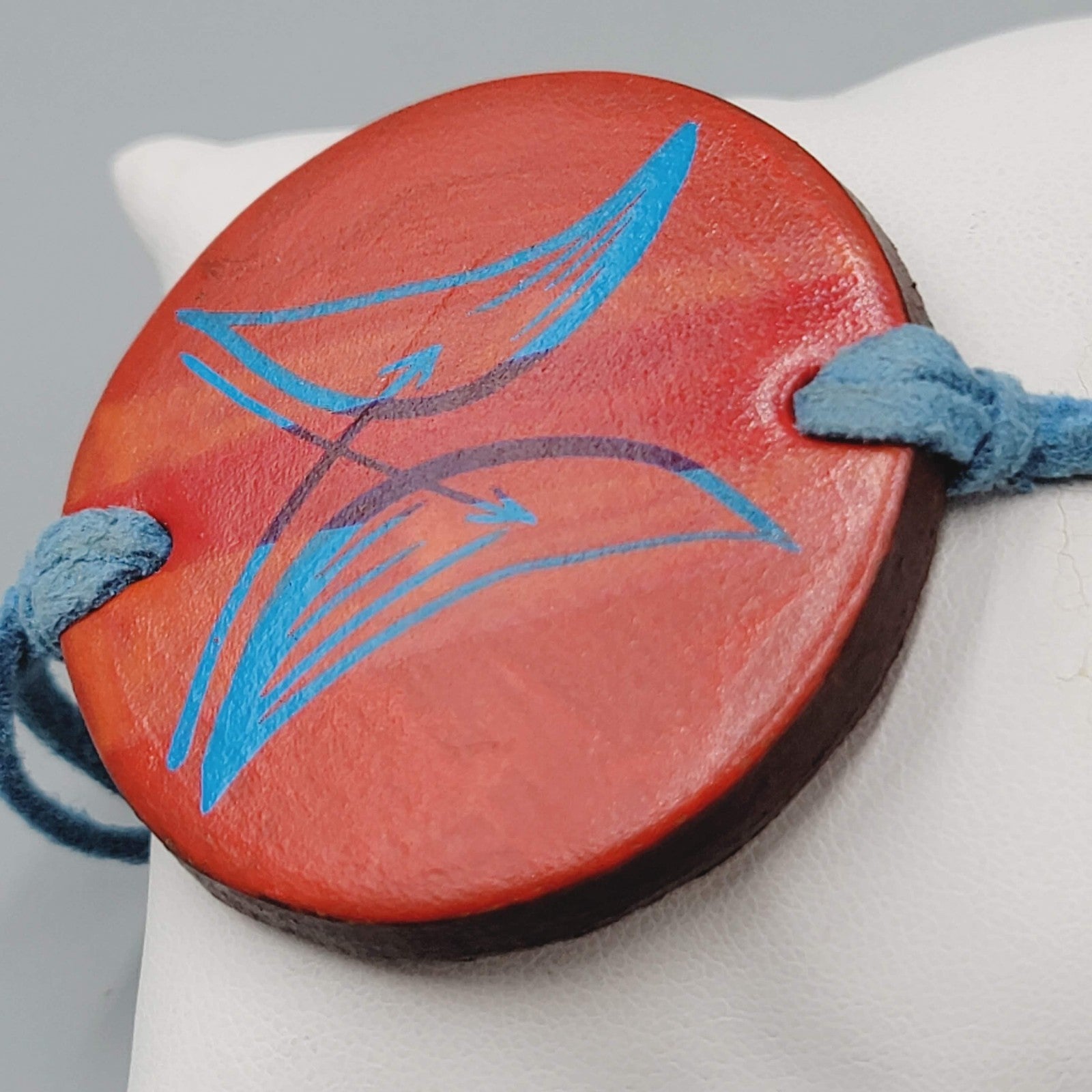 Signed Artisan Bracelet Hand Painted Wood Blue Suede Adj Cord 7"
