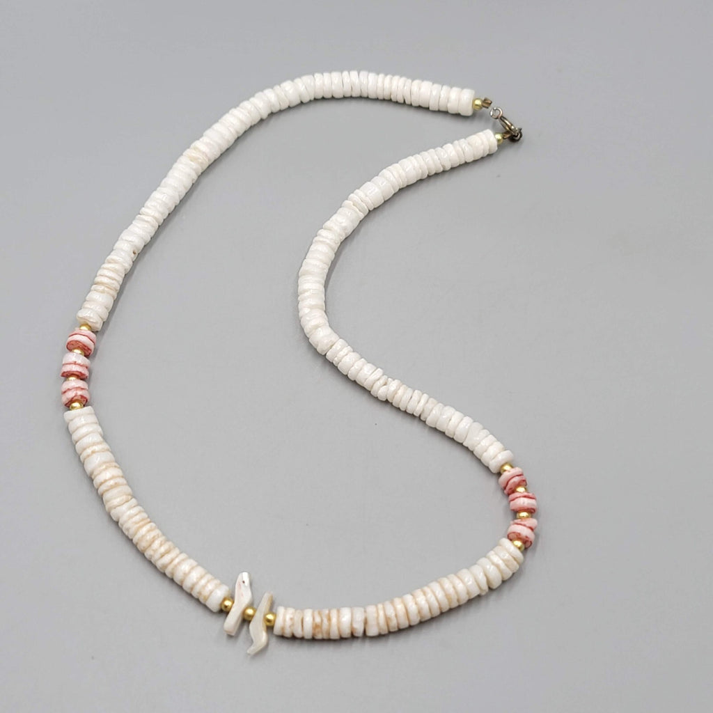 White Shell Mother of Pearl Carved Birds Surfer Beach Bead Beaded Necklace 18"