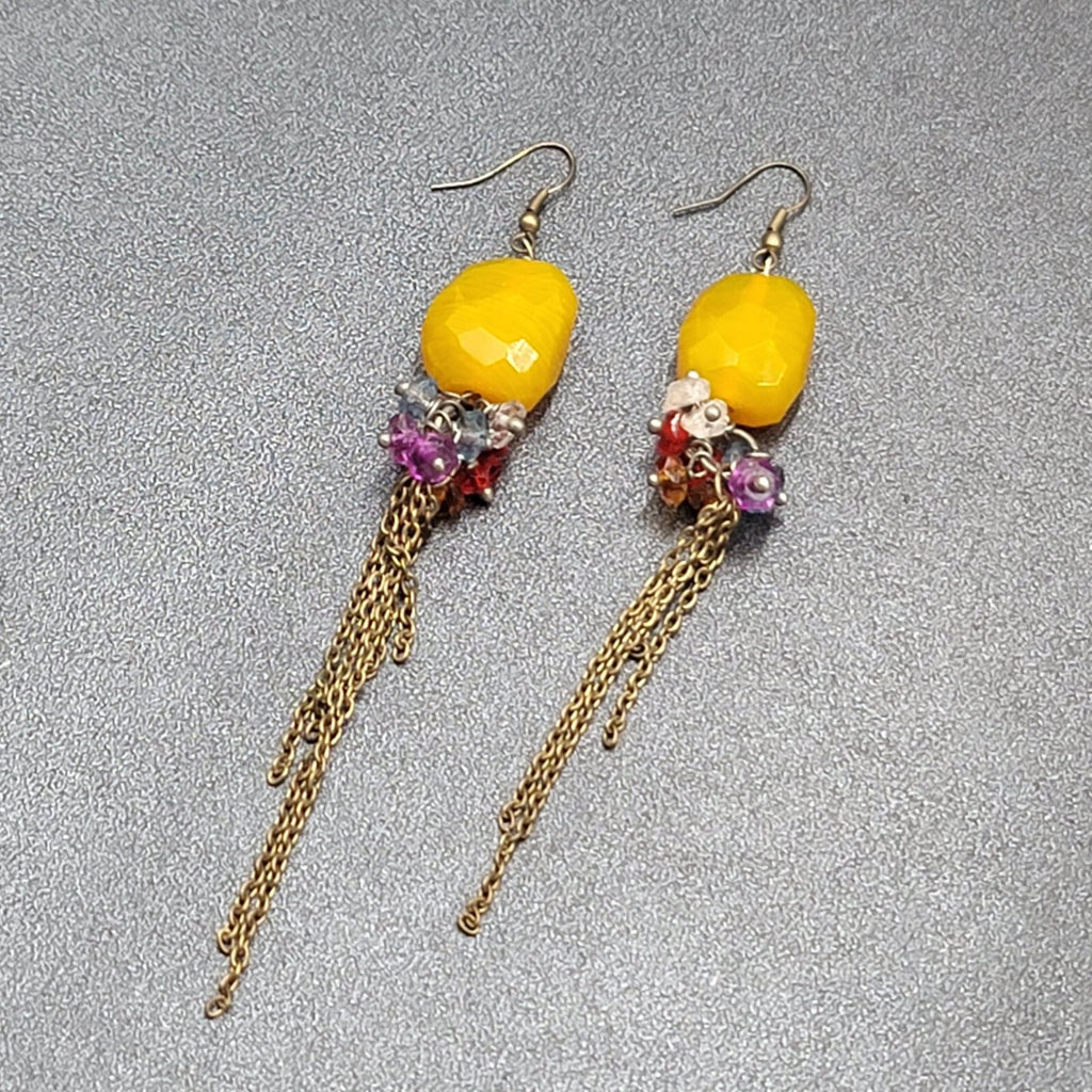 Pierced Earrings Multicolor Quartz Bead Statement Dangle Chains 3.75"