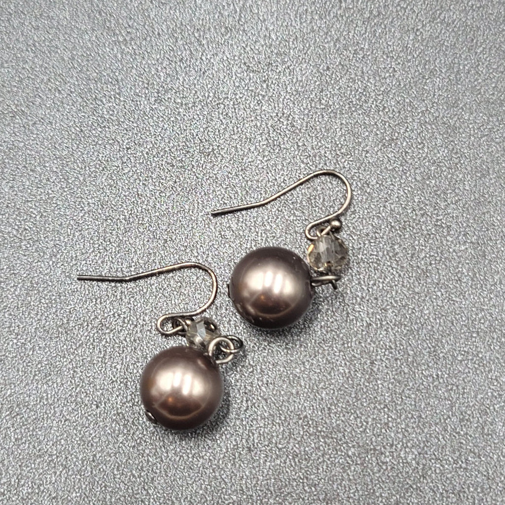 Pierced Earrings Silver tone Dark Gray Bead Dangle  1"
