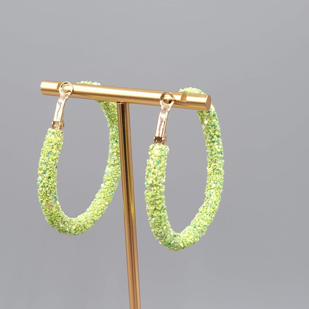 Neon Green Confetti Hoops Pierced Earrings Gold tone Large 