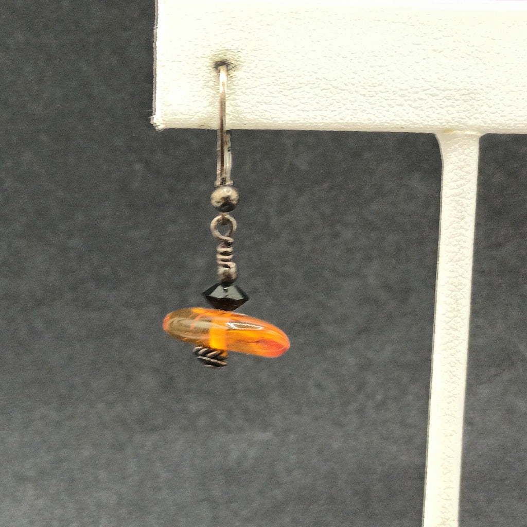 Pierced Earrings Black Metal Amber Beaded Dangle 1/2"