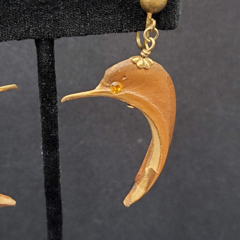 Vintage Clip on Earrings Gold tone Carved Dolphin Dangle Rhinestone 1 5/8"
