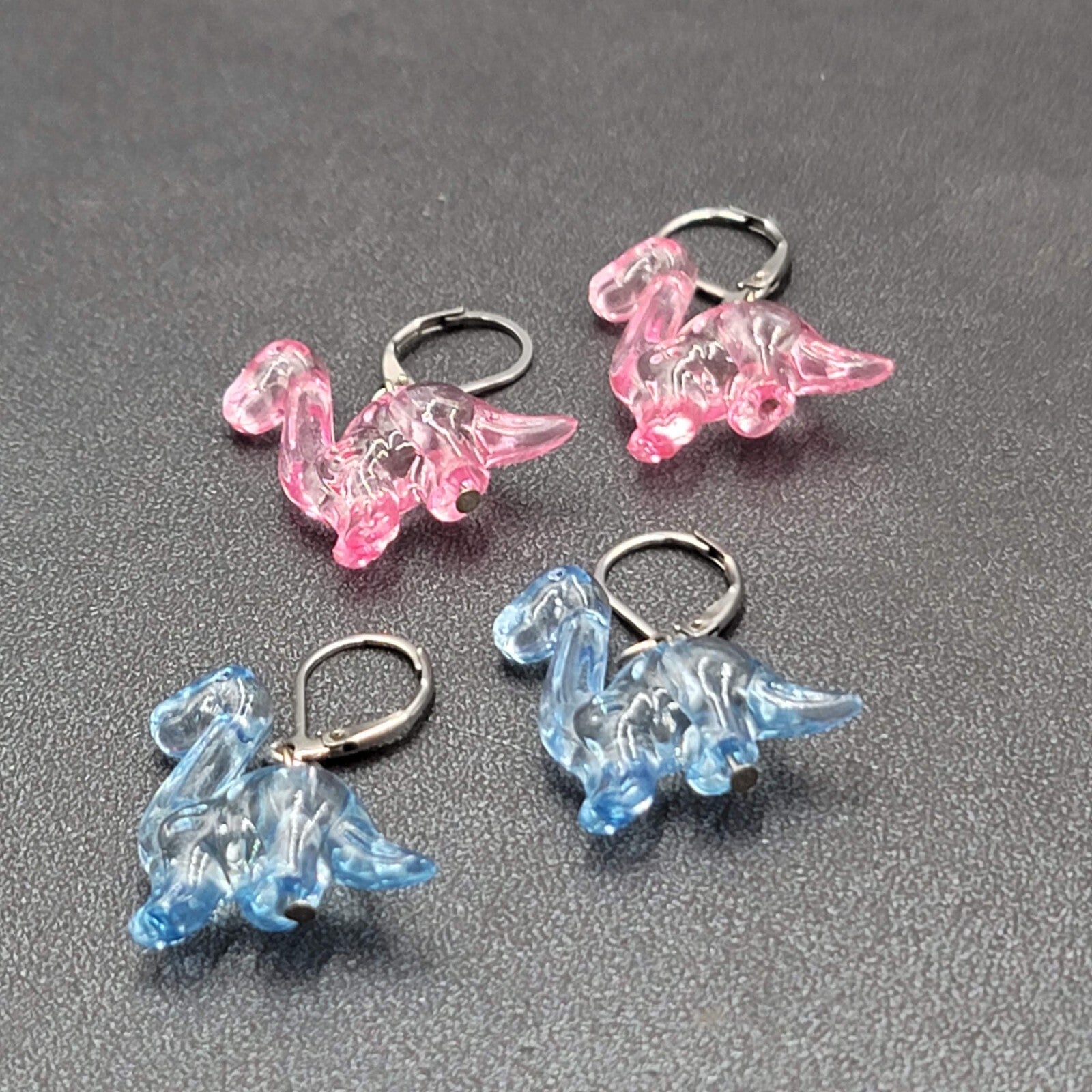 Dinosaur Pierced Earrings Pink Blue Acrylic Dangle 1" Lot of 2 