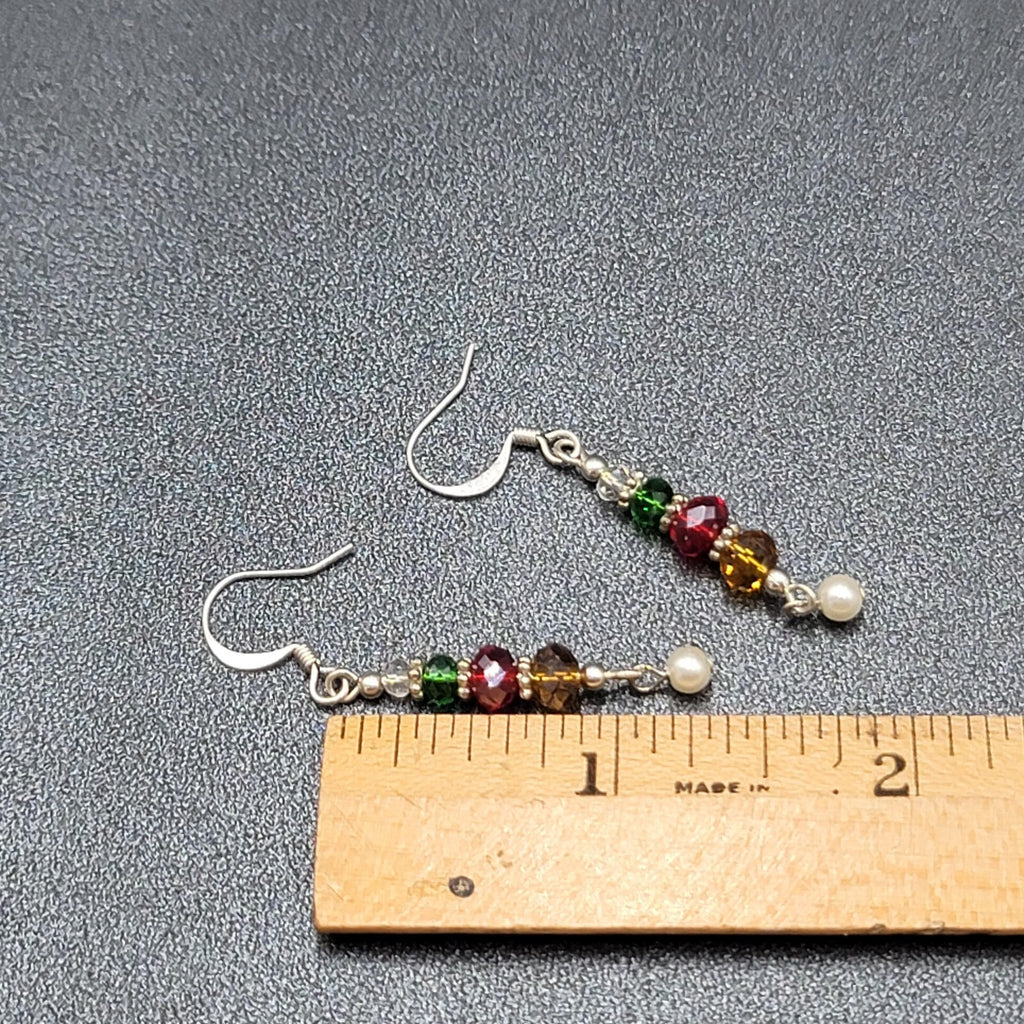 Pierced Earrings Green Red Yellow Crystal Bead Dangle Silver tone 1.25"
