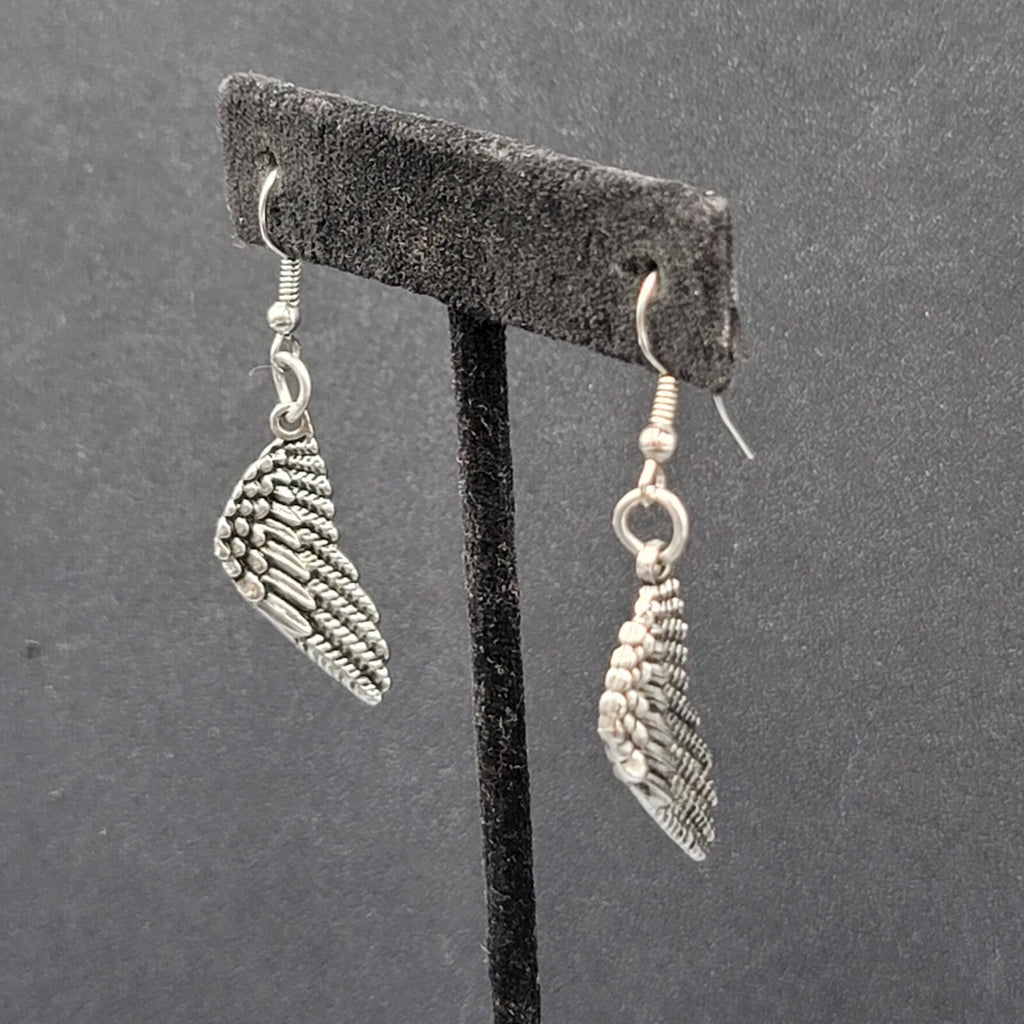 Pierced Earrings Silver tone Detailed Wings Dangle 1 1/8"
