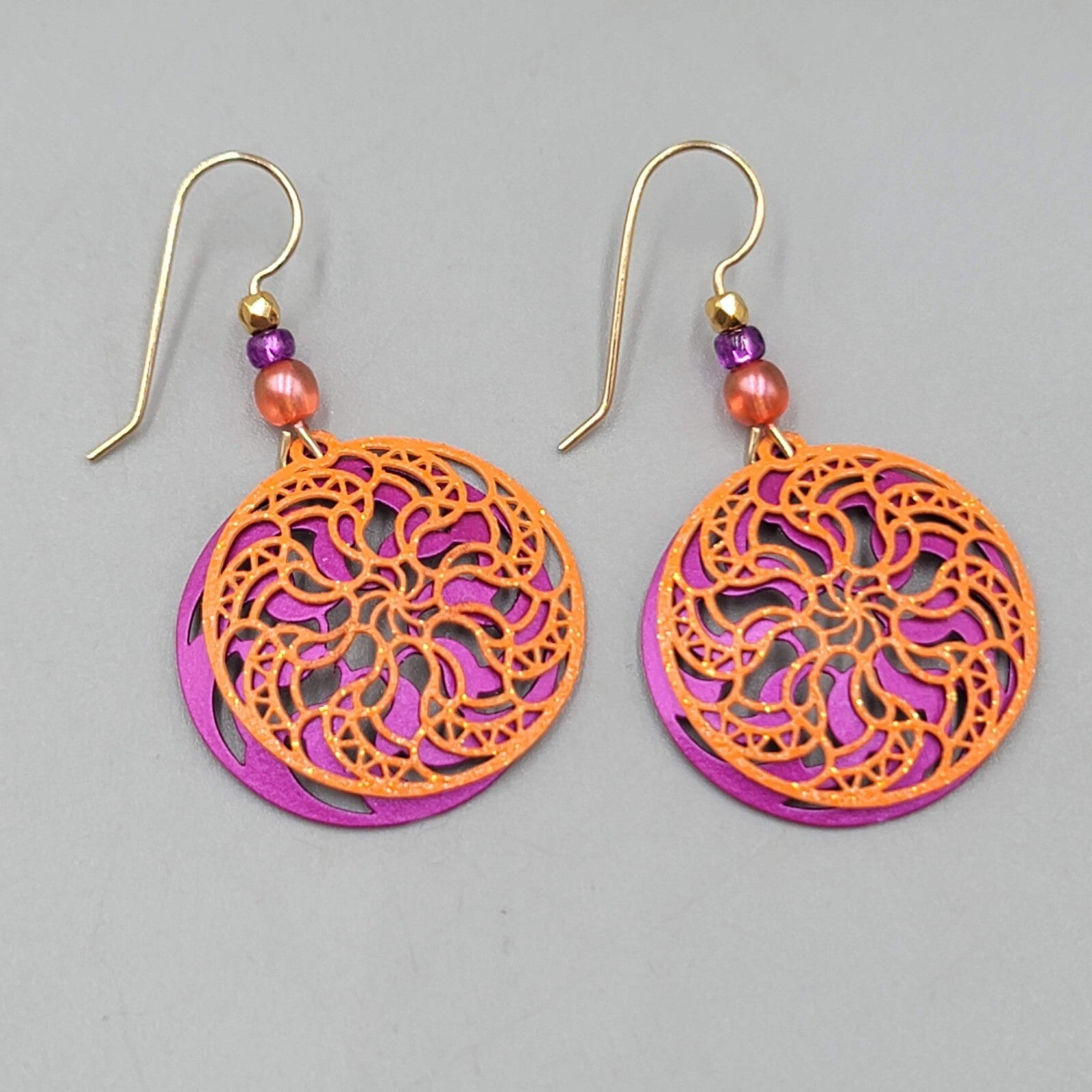Laser Cut Metal Pierced Earrings Orange Purple Dangle 1"