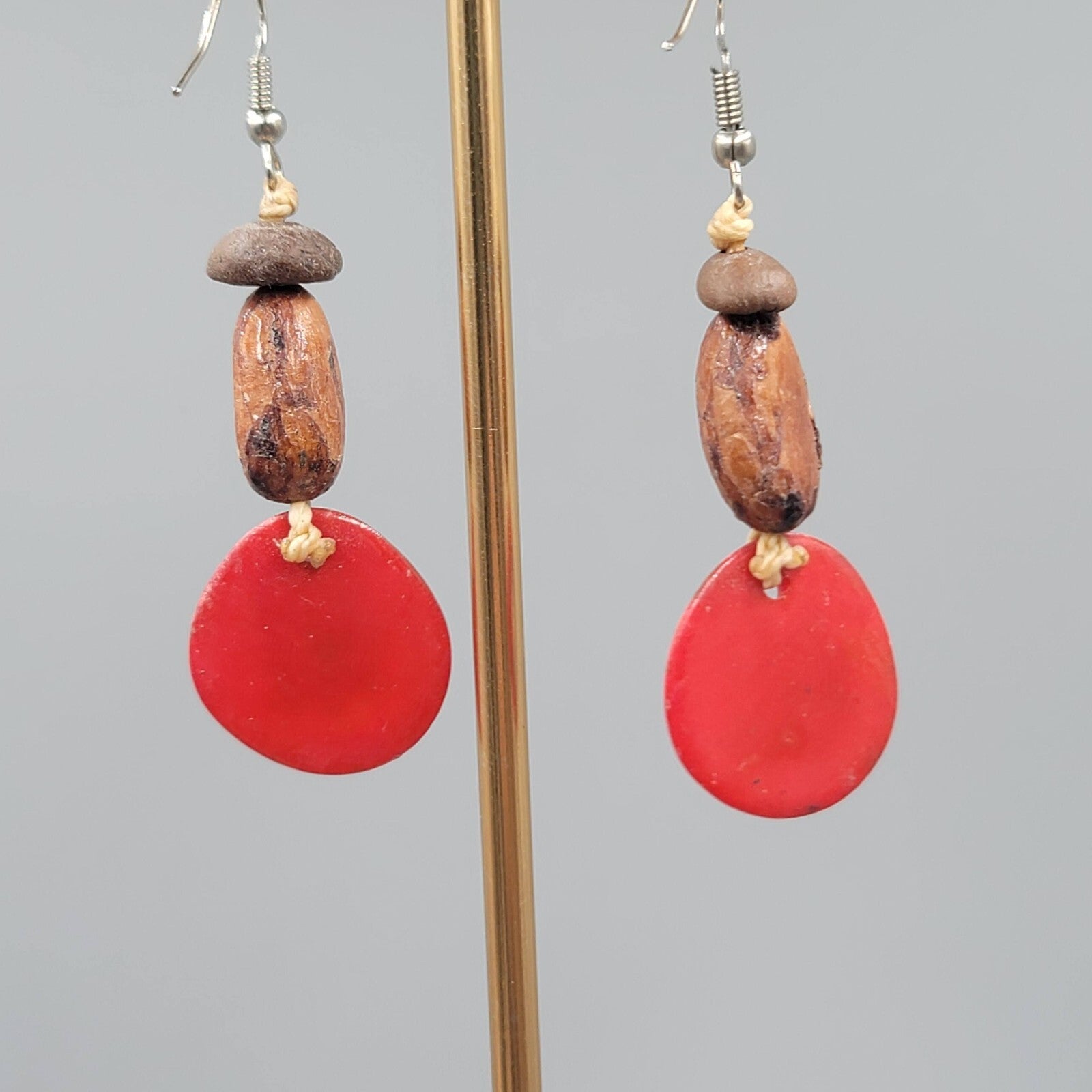 Artisan Bead Pierced Earrings Coffee Bean Seed Hand Painted Dangle 1.75"
