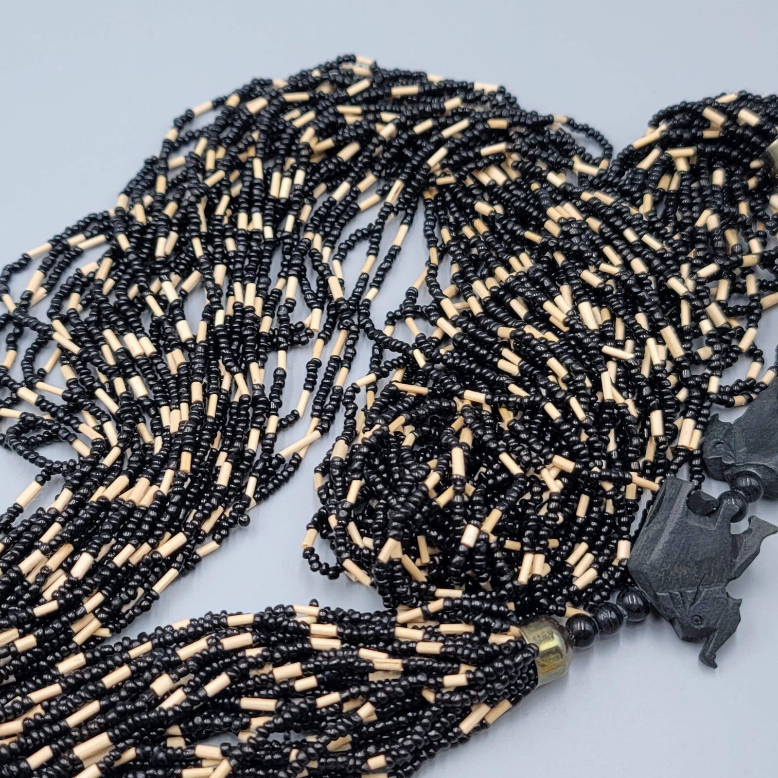 Large Statement Elephant Necklace Black Seed Bead Multi Strand 42"