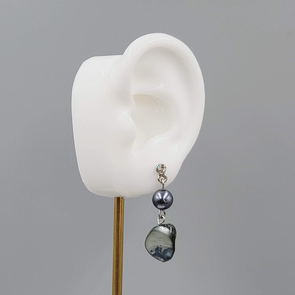 Pearl Blue Shell Pierced Earrings Silver tone Dangle 1.5"