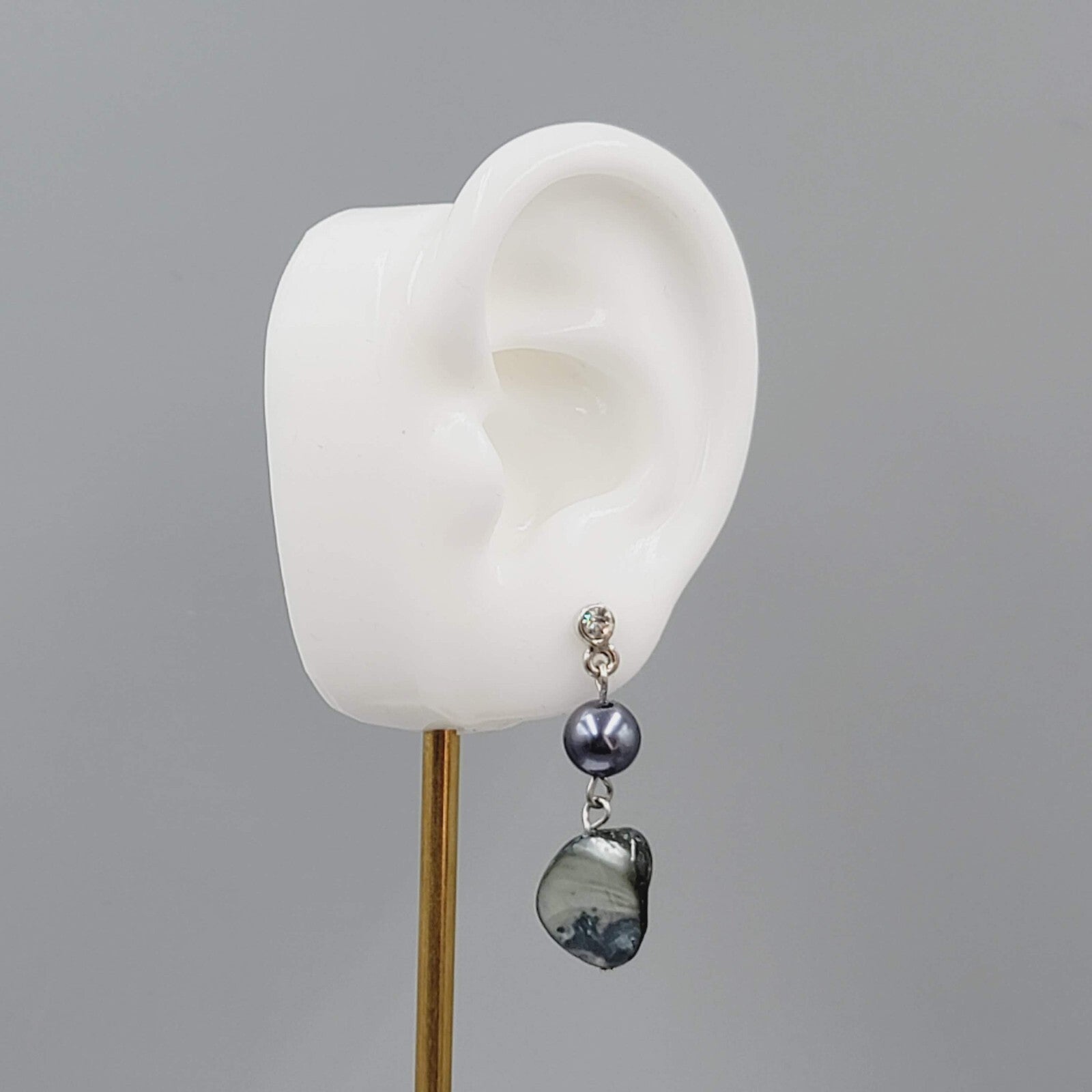 Pearl Blue Shell Pierced Earrings Silver tone Dangle 1.5"