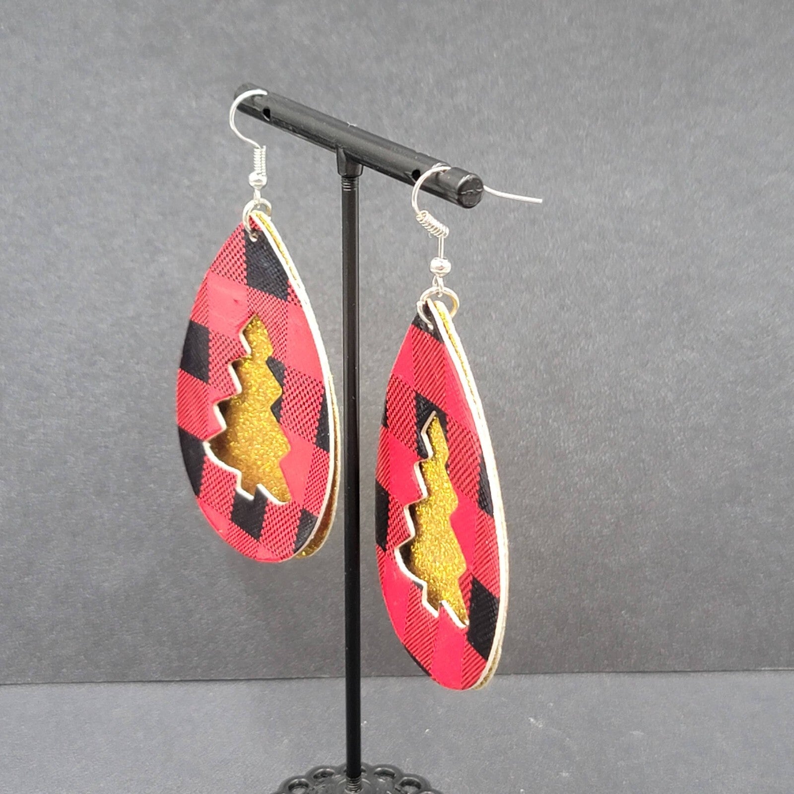 Pierced Earrings Faux Leather Gold Glitter Tree Red Plaid Silvertone Dangle 2.5"