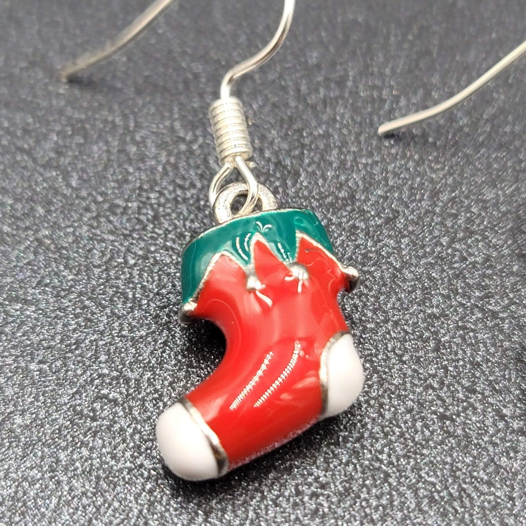 Christmas Pierced Earrings Silver tone Enamel Stockings Solid 5/8"