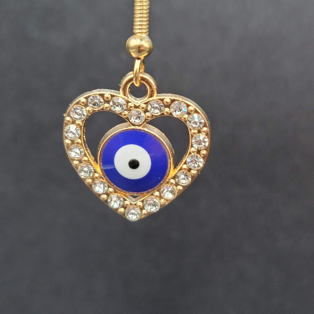 Pierced Earrings Gold tone Enamel Evil Eye Rhinestone Heart Dangle 3/4"