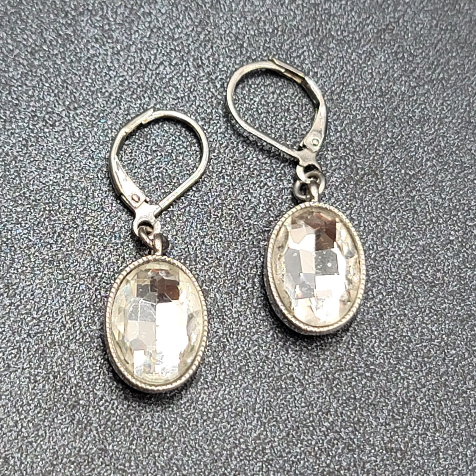 Pierced Earrings Silver tone Faceted Oval Glass Signed Dangle 3/4"