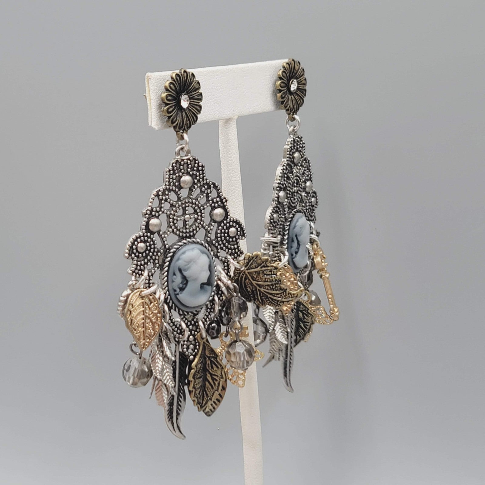 Statement Cameo Charm Pierced Earrings Tri-tone Dangle 3.75"