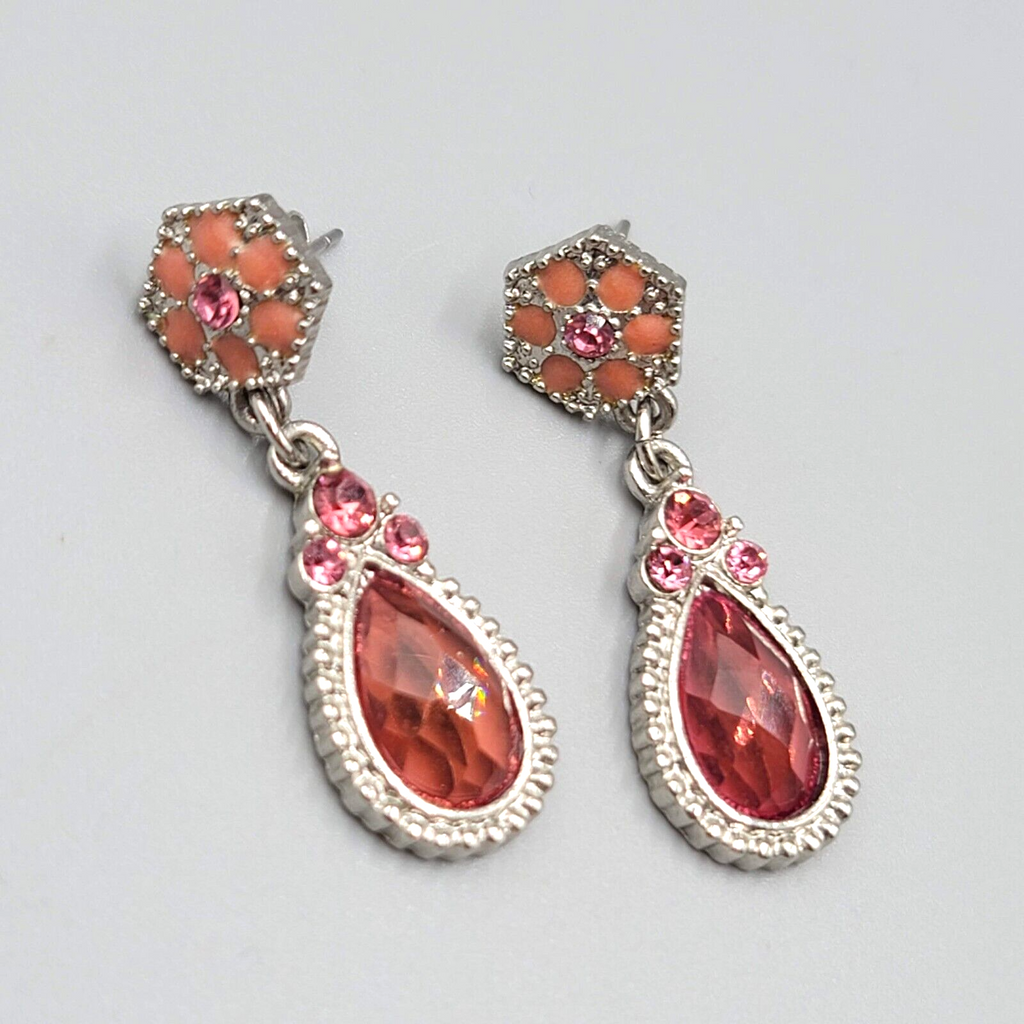 Pierced Earrings Gold tone Pink Rhinestone Teardrop Dangle 1.5"