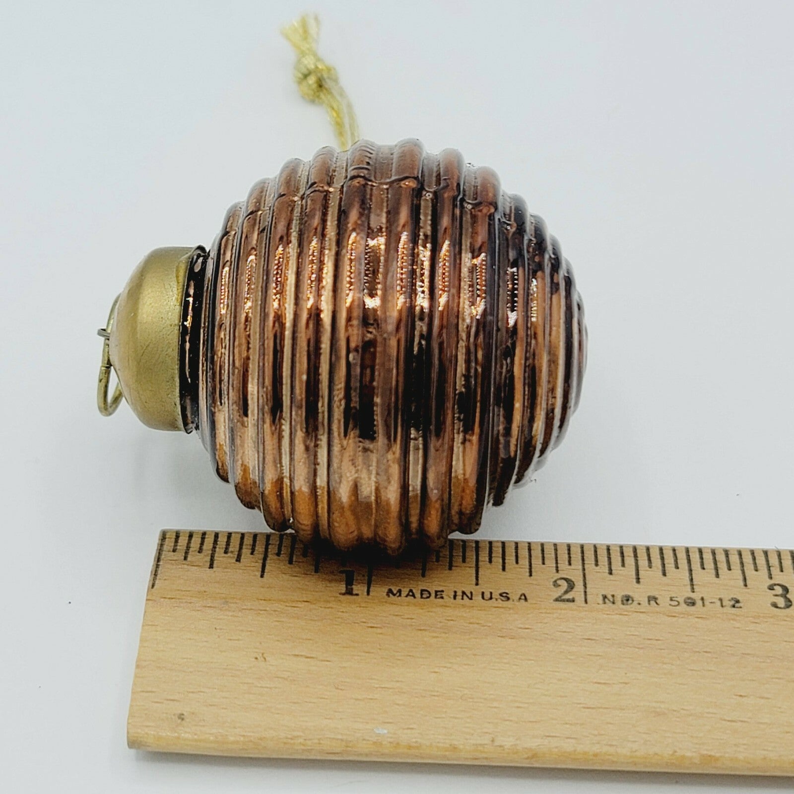 Vintage Blown Ribbed Glass Kugel Style Bronze tone Ball Christmas Ornament 1.75"
