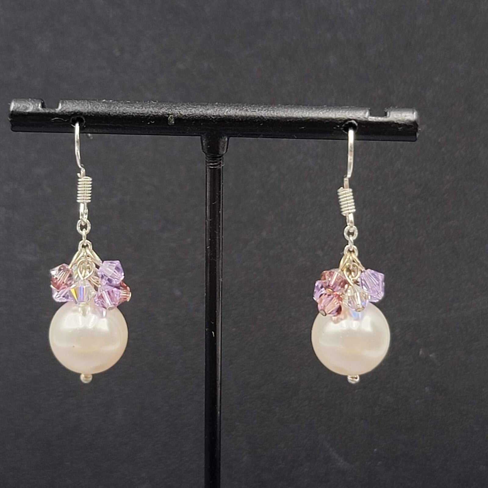 Pierced Earrings Purple Crystal Faux Pearl Beaded Dangle 1"
